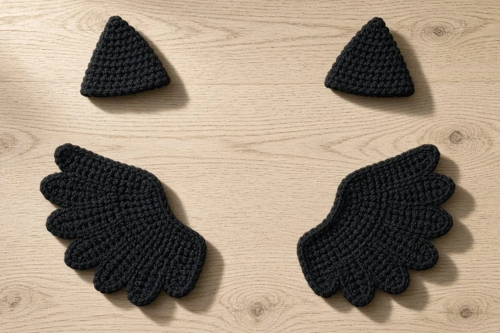 Two flat black crocheted wing shapes and two small triangular ears laid out separately