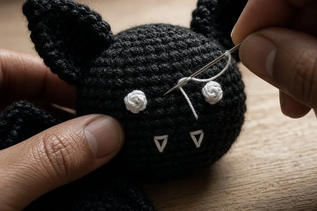 A tapestry needle embroidering small eyes and fangs onto a black crochet bat