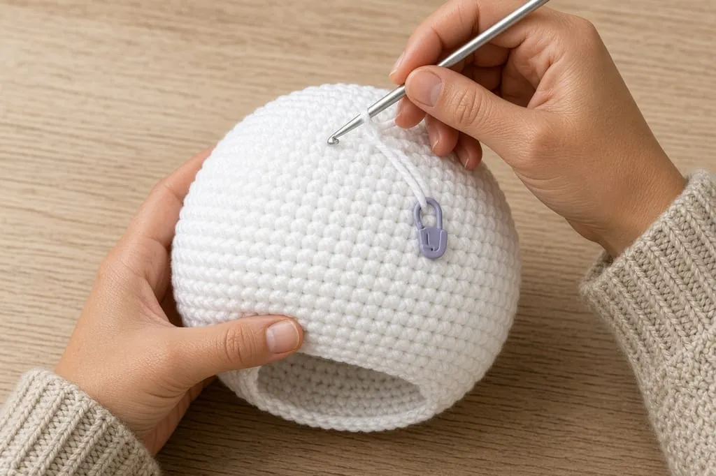 Hands crocheting a rounded white dome in the round