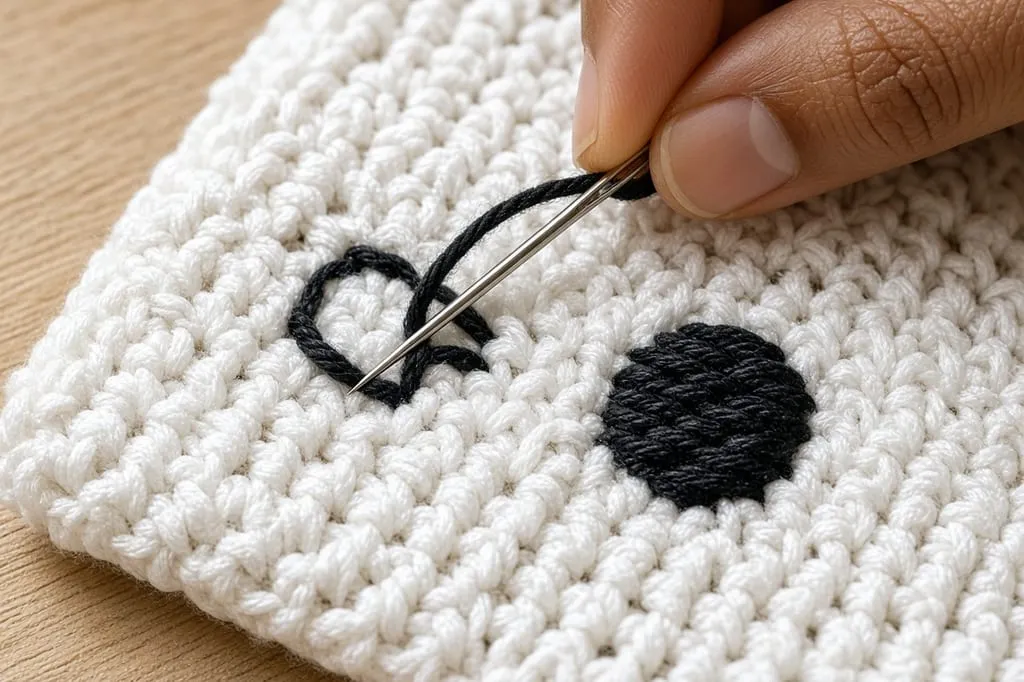 A tapestry needle with black yarn stitching an oval eye onto white crochet fabric