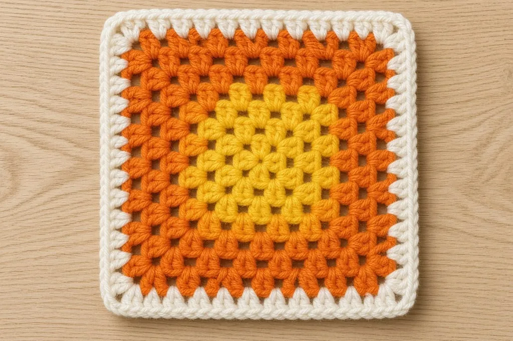 A flat granny square worked in concentric rounds of yellow, orange and white