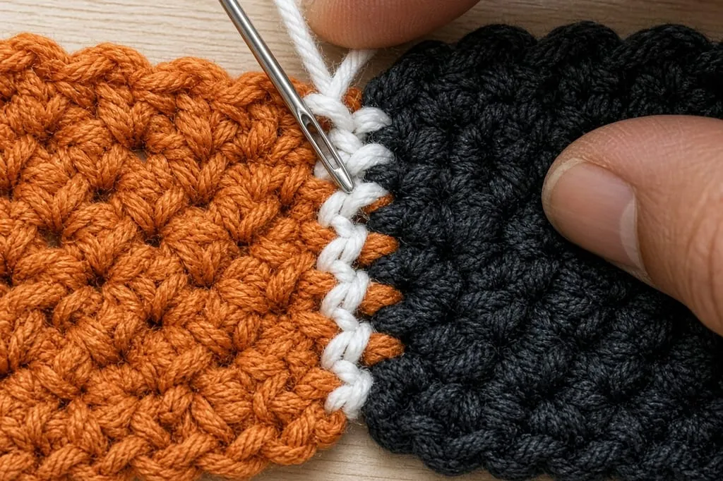Two granny squares held edge to edge while a needle joins them stitch by stitch