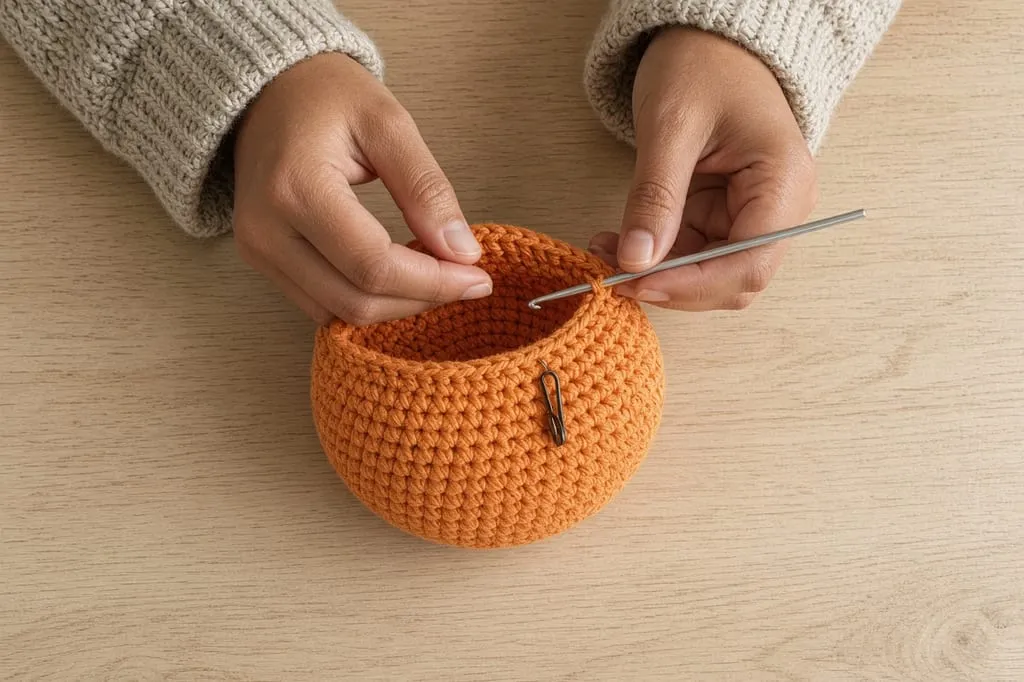 Hands crocheting an orange sphere in the round, the sides curving upward