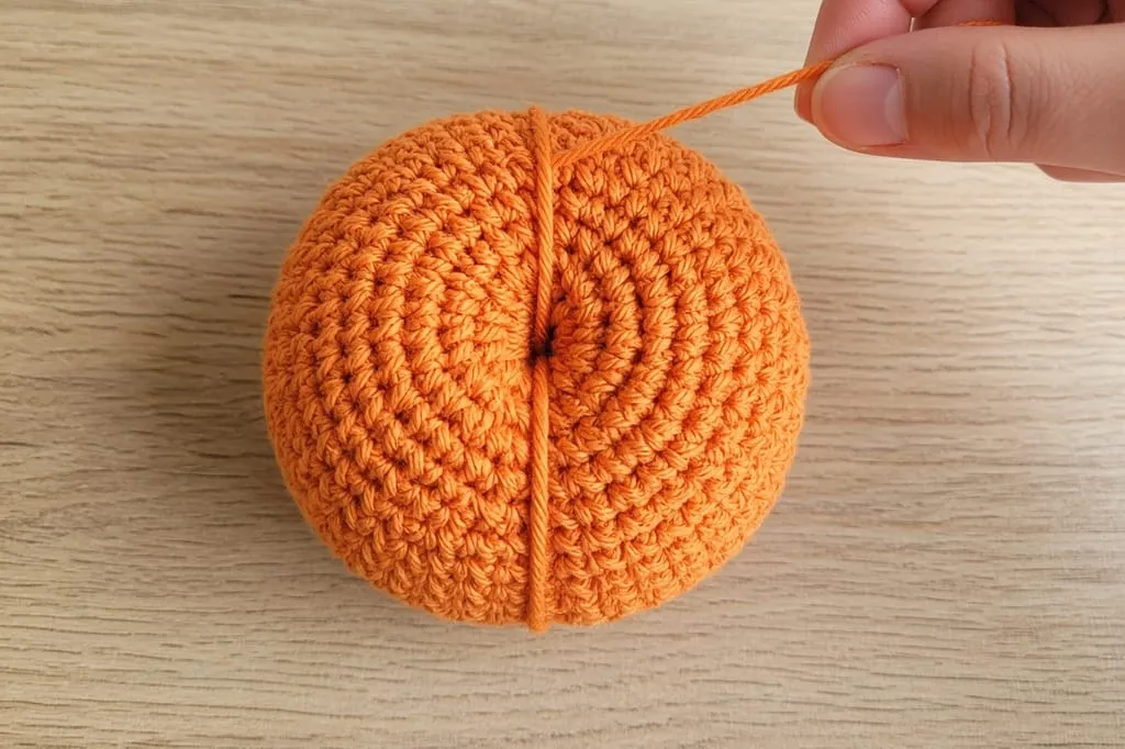 A length of yarn wrapped around a stuffed orange ball and pulled tight to form a groove