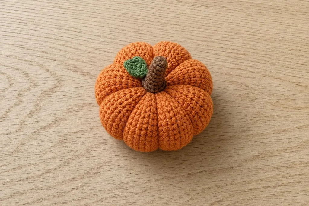 A finished orange crochet pumpkin with vertical grooves and a short brown stem