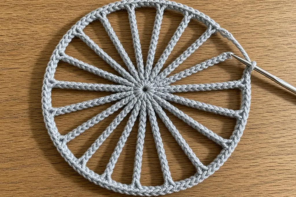 A pale grey crochet web being worked flat, with the hook still in the work