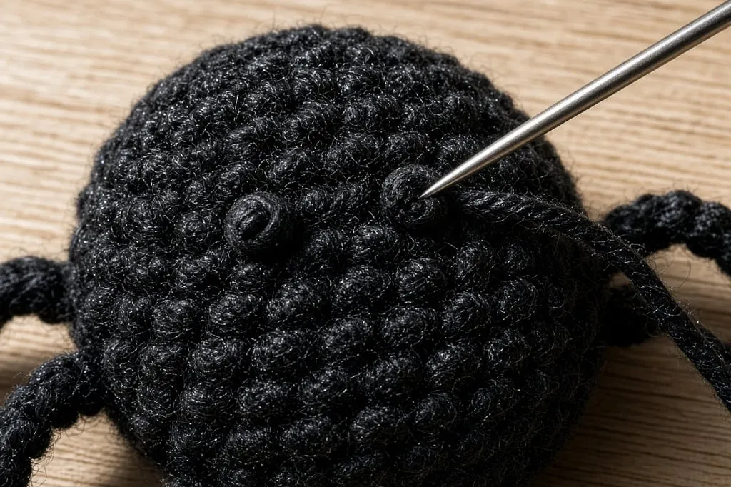 A tapestry needle stitching two small black eyes onto a crochet spider body