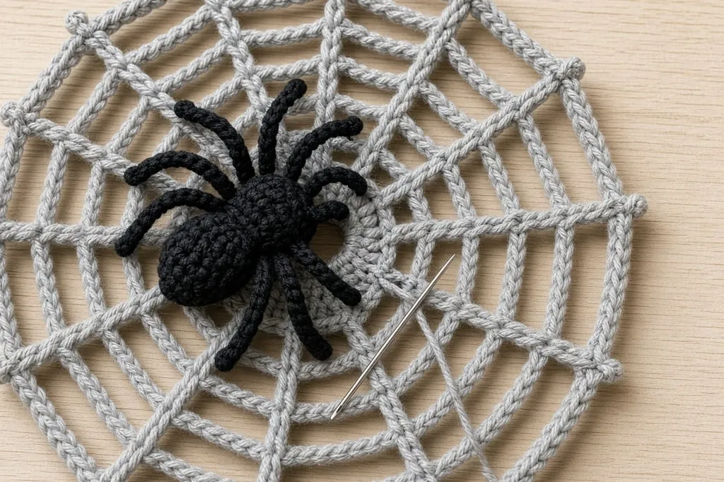 A black crochet spider being sewn slightly off-center onto a pale grey crochet web