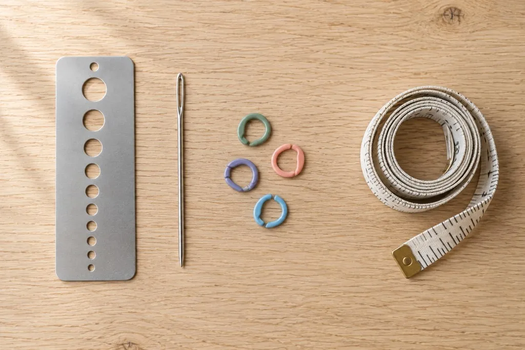 A hook gauge plate, a blunt tapestry needle, split-ring stitch markers and a tape measure